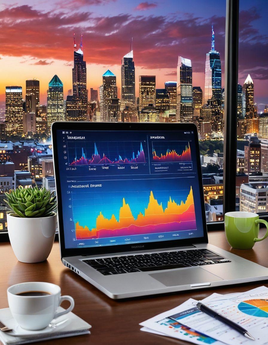 A visually striking composition featuring a modern financial planner's desk filled with colorful charts, a sleek laptop displaying financial graphs, and a cup of coffee. The background showcases a city skyline symbolizing growth and opportunity, with light streams representing money flow. The overall atmosphere conveys professionalism, approachability, and aspiration for wealth management. ultra-realistic. vibrant colors. clean white background.