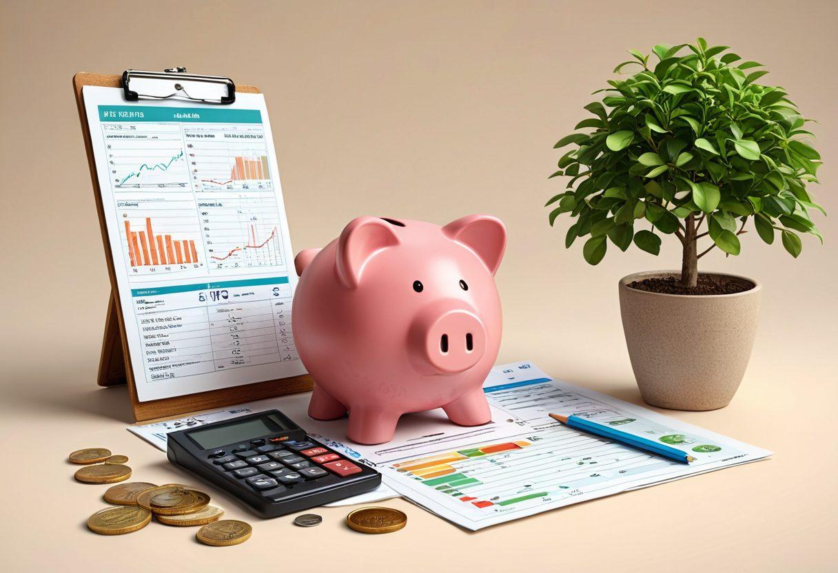 A visually engaging split scene illustrating budgeting on one side with a clipboard, calculator, and bills, and investing on the other with a stock chart, money tree, and digital financial graphs. The colors should be vibrant, symbolizing growth and balance, while incorporating elements of financial wellness like coins and a piggy bank subtly blending into the background. super-realistic. vibrant colors. 3D.