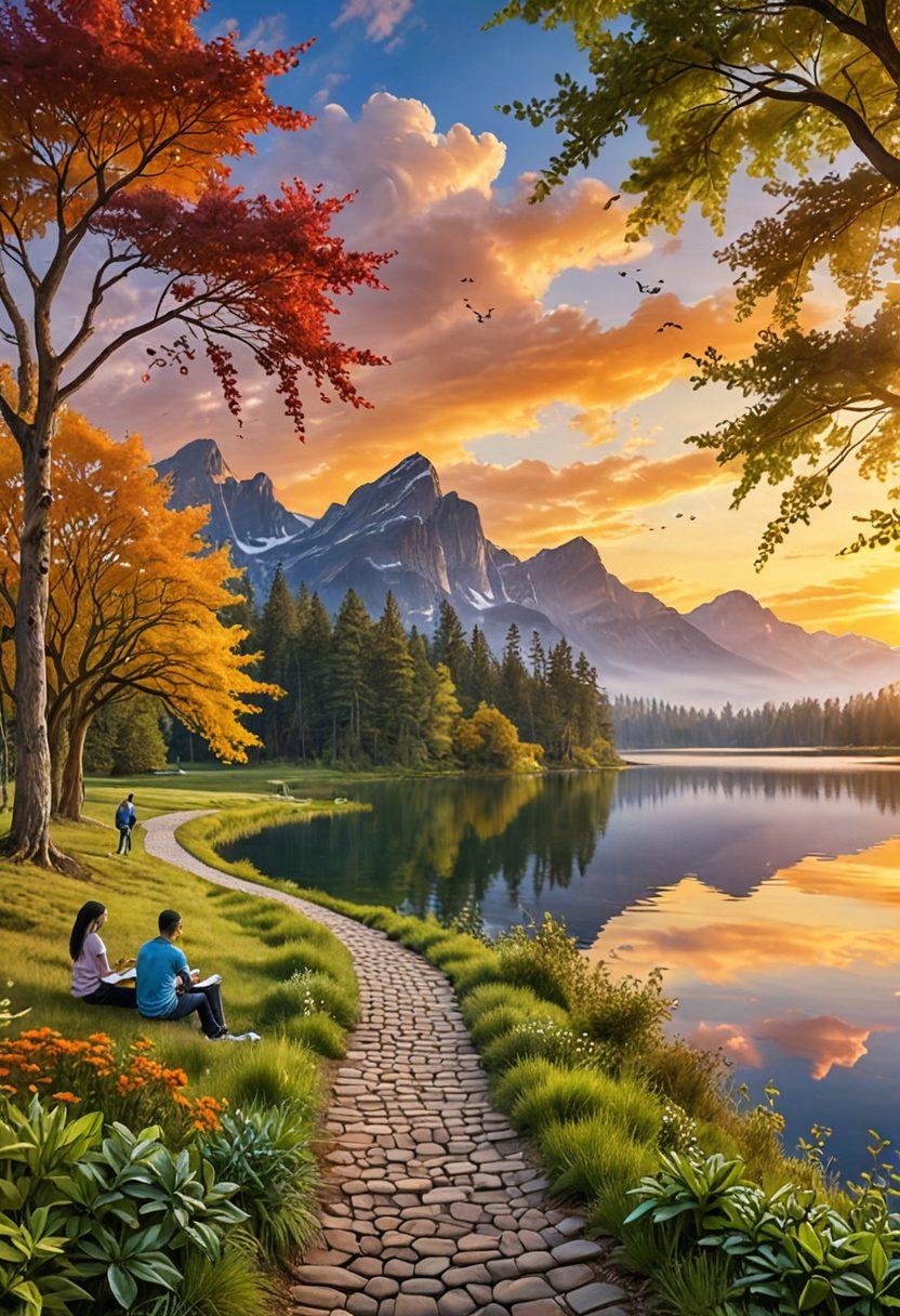 A serene landscape with a winding path leading to a shimmering lake symbolizing financial freedom. In the foreground, a diverse group of people (men and women of various ethnicities) collaborating over budgeting tools and financial documents. Trees adorned with leaves shaped like dollar signs, representing growth in wealth. The sky is painted with a sunrise, indicating new beginnings and opportunities. The overall mood is uplifting and inspiring. vibrant colors. super-realistic.